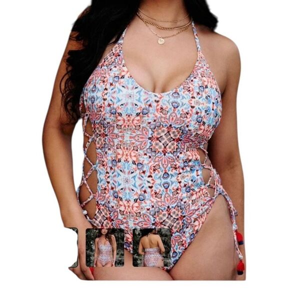 JMP the Label Negril Swimsuit Paisley Crinkle Side Ties Blue Orange 3XL NWT - Picture 3 of 9